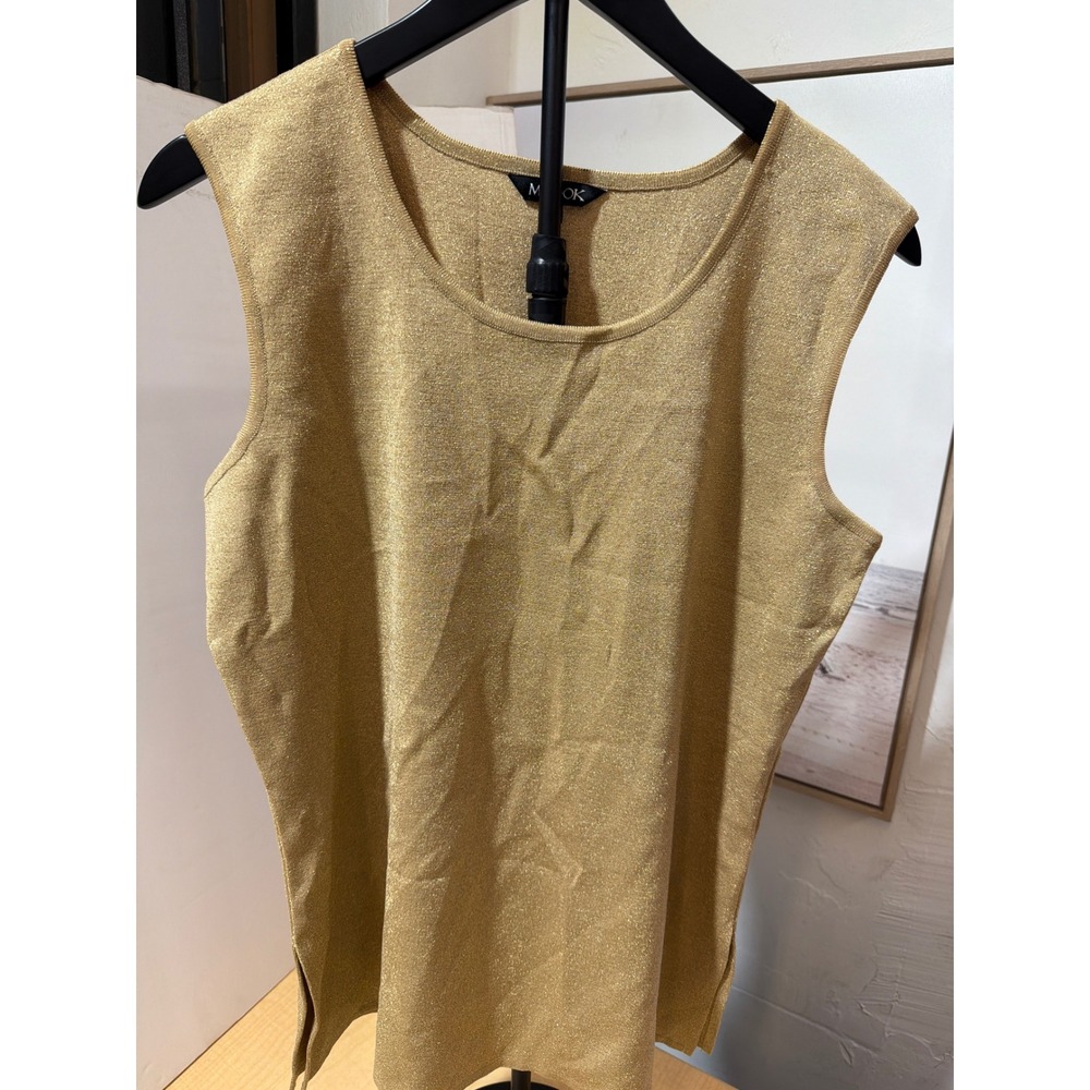 Misook Metallic Gold Sleeveless Knit Shell Top Scoop Neck Side Slits Womens M
